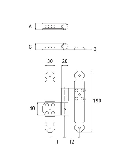 3A90DX - Cerniera terza anta destra I   90 mm Collo 10 mm