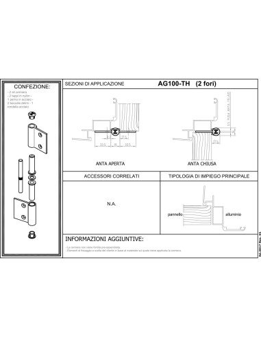 AG100-TH - Charnière pour portes d'intérieur en aluminium/bois à usage moyen-lourd, 2 trous