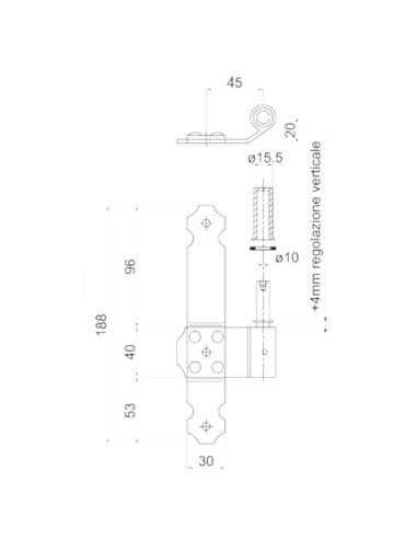 2145DX - Gond sur plaque 30 x 03 mm droit - I   45 mm - Déport   20 mm