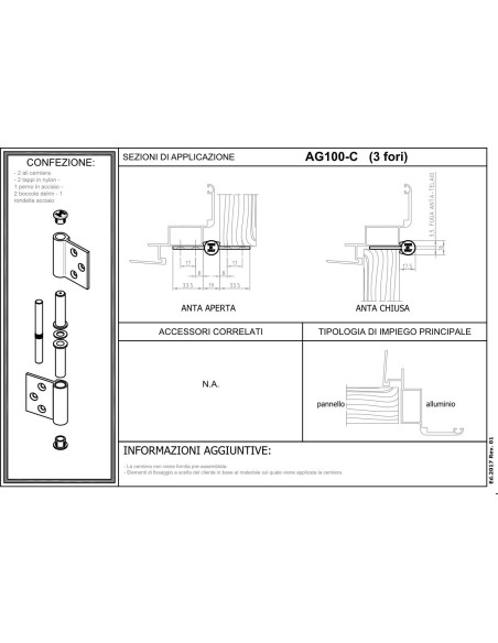 AG100-C - Charnière pour portes d'intérieur en aluminium/bois, 3 trous