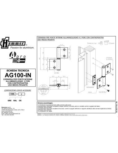 AG100-IN - Charnière pour portes d'intérieur en alu/bois à usage moyen-lourd - Châssis avec chambre