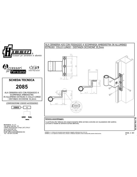 2085 - Noeud charnière ambidextre, système H2S - A   15 mm (4ème trou) - Déport   45 mm
