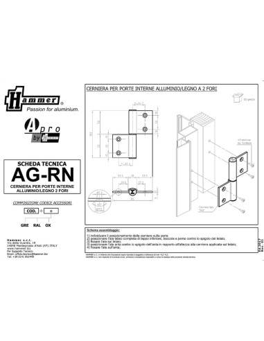 AG-RN - Charnière pour portes d’intérieur en aluminium/bois, 2 trous
