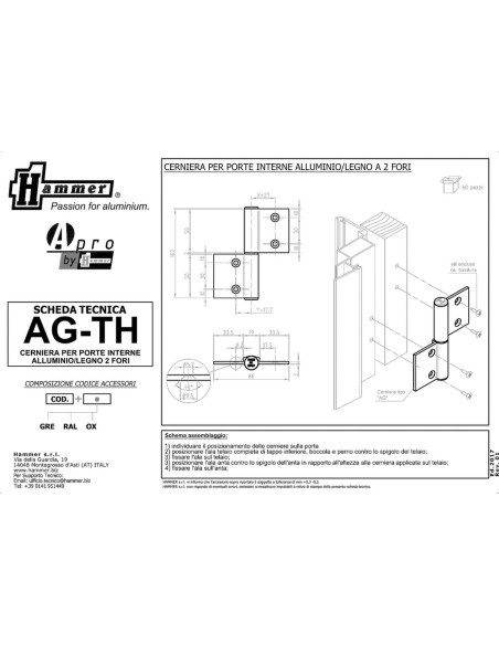 AG-TH - Charnière pour portes d’intérieur en aluminium/bois, 2 trous
