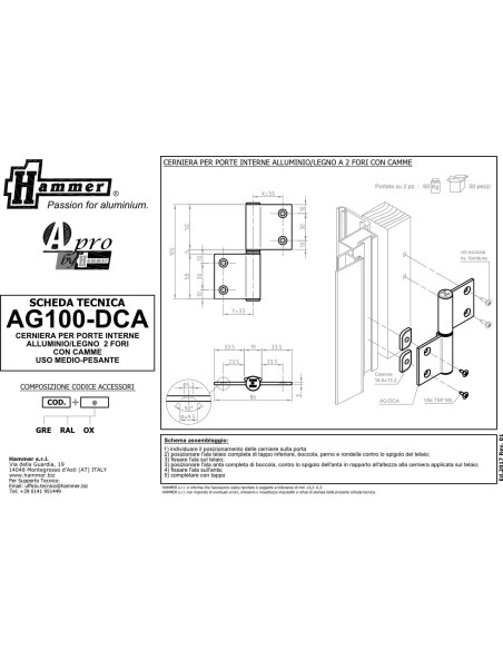 AG100-DCA - Charnière pour portes d'intérieur en alu/bois à usage moyen-lourd - Châssis avec chambre