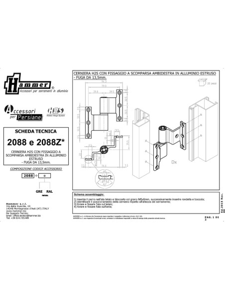 2088Z - Hinge right/left side, z.b. steel pin - H2S System - A   80 mm - C   13,5 mm (Gap)