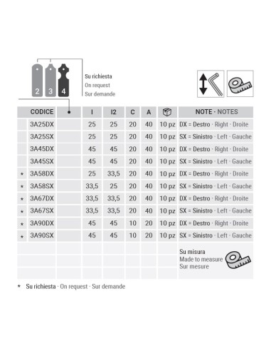 3A45DX - Cerniera terza anta destra  I   90 mm Collo 20 mm