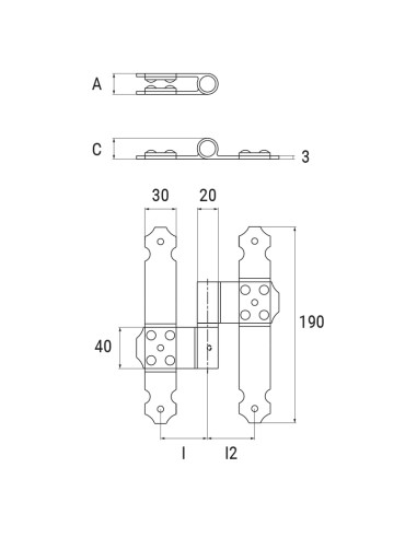 3A90DX - Charnière pour troisième vantail, droite - I   90 mm - Déport   10 mm - Coplanaire