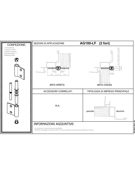 AG100-LF - Charnière pour portes d'intérieur en aluminium/bois à usage moyen-lourd, 2 trous