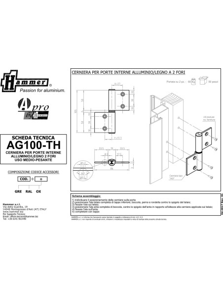 AG100-TH - Charnière pour portes d'intérieur en aluminium/bois à usage moyen-lourd, 2 trous