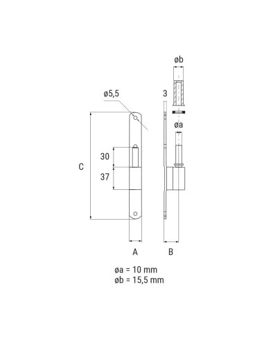 2120 - Gond sur plaque 20 x 03 mm avec axe amovible - Déport   24 mm