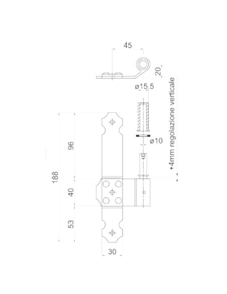 2145DX - Gond sur plaque 30 x 03 mm droit - I   45 mm - Déport   20 mm