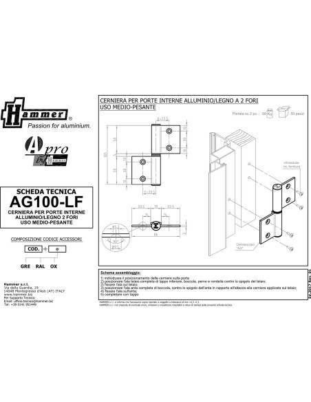 AG100-LF - Cerniera porte interne alluminio/legno con 2 fori