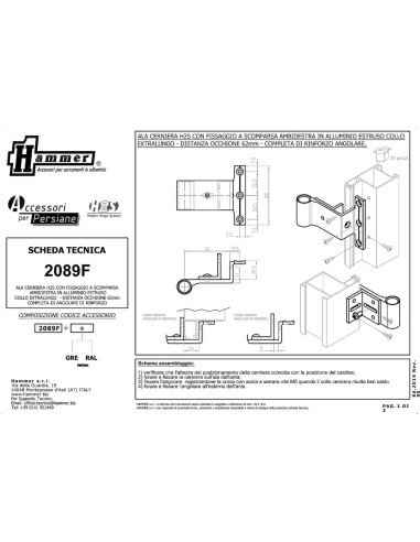 2089F - Flap hinge right/left side H2S System - A   9,5 mm (4th hole) - Offset   62 mm