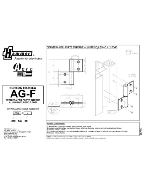 AG-F - Charnière pour portes d’intérieur en aluminium/bois, 2 trous