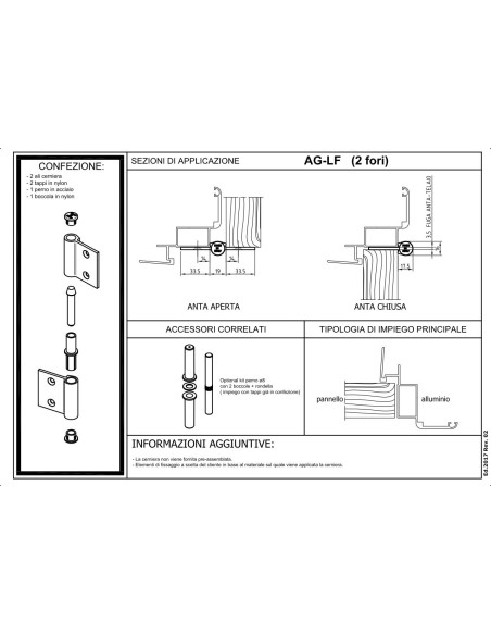 AG-LF - Charnière pour portes d'intérieur en aluminium/bois, 2 trous