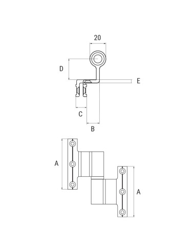 2084K - Hinge right/left side, stainless steel pin - H2S System - A   40 mm - C   10 mm (Gap)