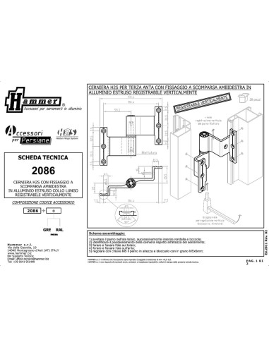 2086 - Charnière ambidextre avec pivot en acier inox - Système H2S - A   80 mm - C   13,5 mm (Jeu)