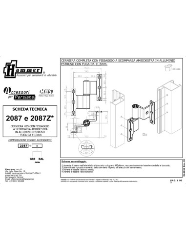 2087Z - Hinge right/left side, z.b. steel pin - H2S System - A   80 mm - C   11,5 mm (Gap)