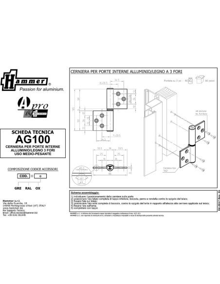 AG100 - Charnière pour portes d'intérieur en aluminium/bois, 3 trous