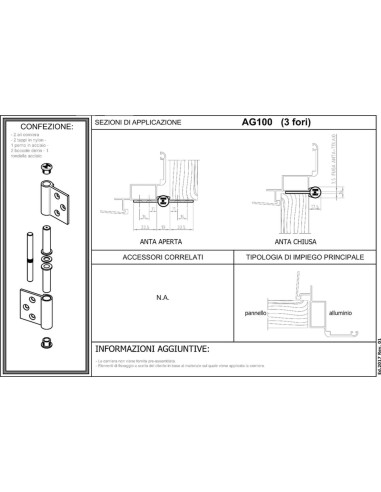AG100 - Charnière pour portes d'intérieur en aluminium/bois, 3 trous