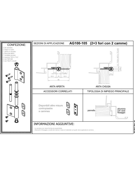 AG100-105 - Charnière pour portes d’intérieur en aluminium/bois, 3+2 trous