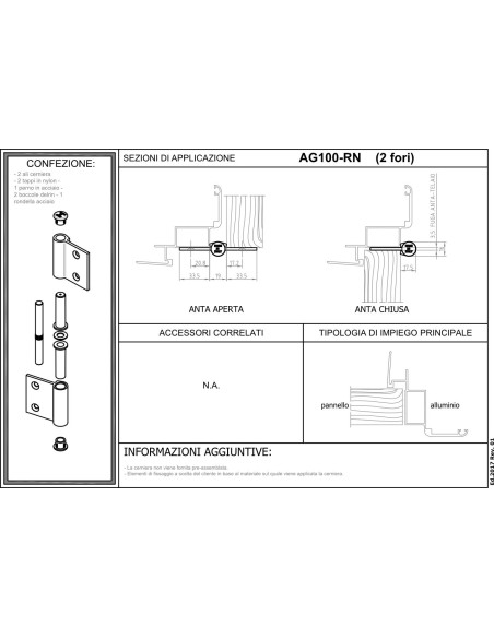 AG100-RN - Hinge for indoor aluminium/wood doors for medium-heavy use - 2 holes