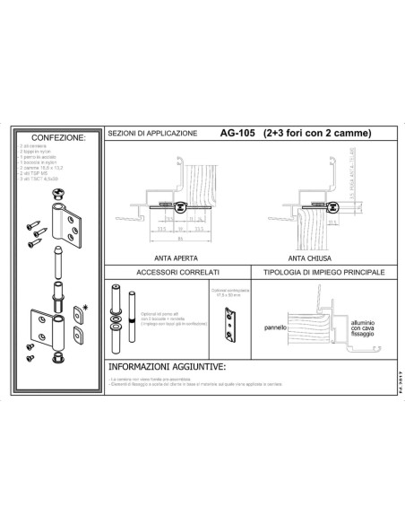 AG-105 - Hinge for indoor aluminium/wood doors - 3+2 holes