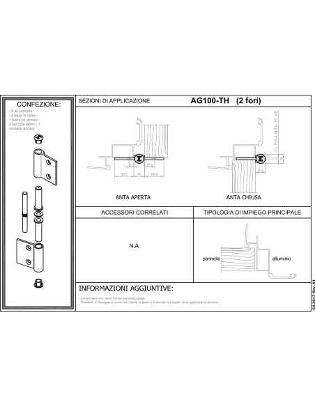 AG100-TH - Cerniera porte interne alluminio/legno con 2 fori
