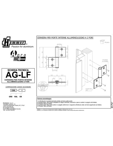 AG-LF - Charnière pour portes d'intérieur en aluminium/bois, 2 trous