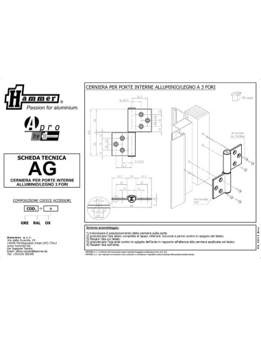 AG - Charnière pour portes d'intérieur en aluminium/bois, 3+3 trous