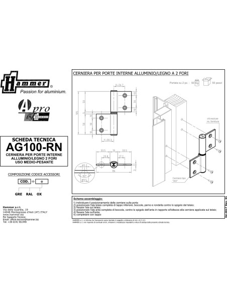 AG100-RN - Charnière pour portes d'intérieur en aluminium/bois à usage moyen-lourd, 2 trous