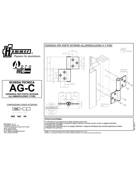 AG-C - Charnière pour portes d’intérieur en aluminium/bois, 3 trous