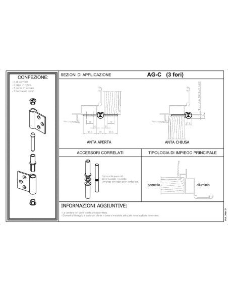 AG-C - Charnière pour portes d’intérieur en aluminium/bois, 3 trous
