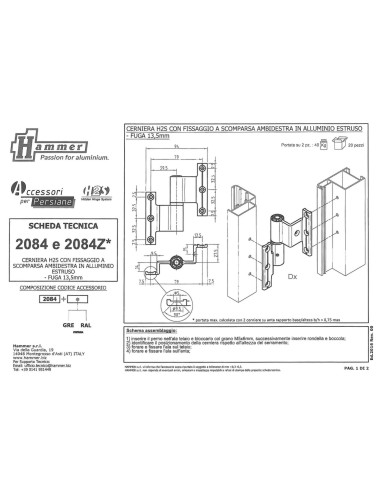 2084 - Charnière ambidextre H2S avec pivot en acier inox - A   80 mm - C   13,5 mm (Jeu)
