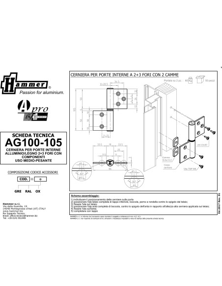 AG100-105 - Charnière pour portes d’intérieur en aluminium/bois, 3+2 trous