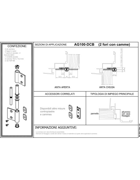 AG100-DCB - Charnière pour portes d'intérieur en alu/bois à usage moyen-lourd - Châssis avec chambre