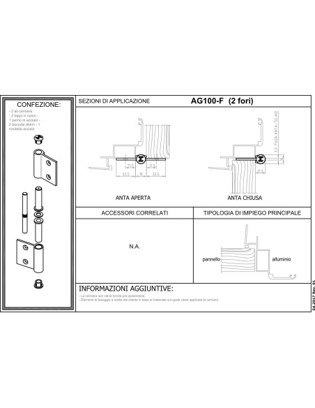AG100-F - Cerniera porte interne alluminio/legno con 2 fori